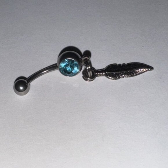 Aqua Blue Gem Feather Dangle Belly Ring - Picture 4 of 9
